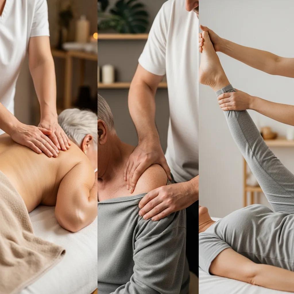 Collage of elderly clients receiving various massage techniques, including Swedish and deep tissue massage, emphasizing tailored care for pain relief and mobility support.
