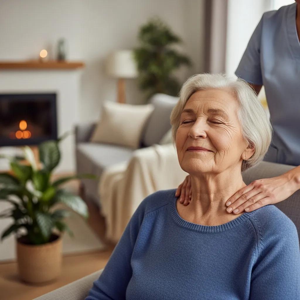Elderly woman experiencing relaxation during in-home massage session, highlighting benefits of pain relief and stress reduction in a cozy living room setting.
