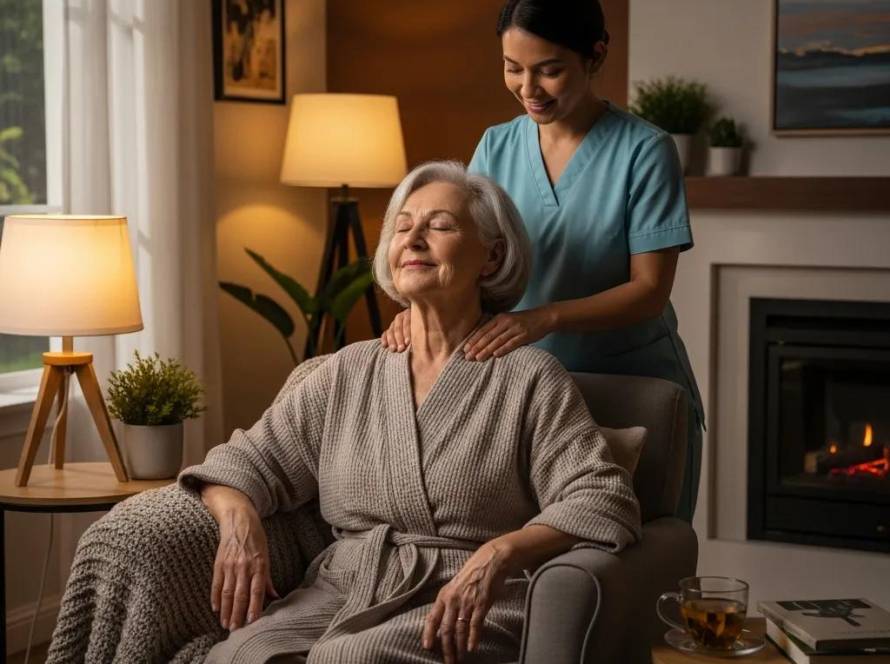 Elderly woman receiving a gentle in-home massage from a caregiver, highlighting the benefits of aged care massage services in a cozy living room setting.