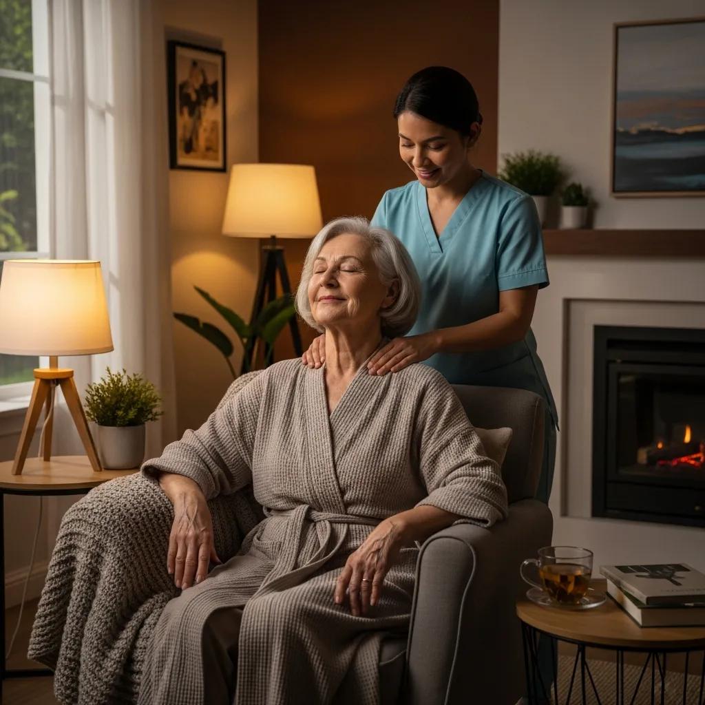 Elderly woman receiving a gentle in-home massage from a therapist, highlighting the therapeutic benefits of aged care massage services in a cozy living room setting.