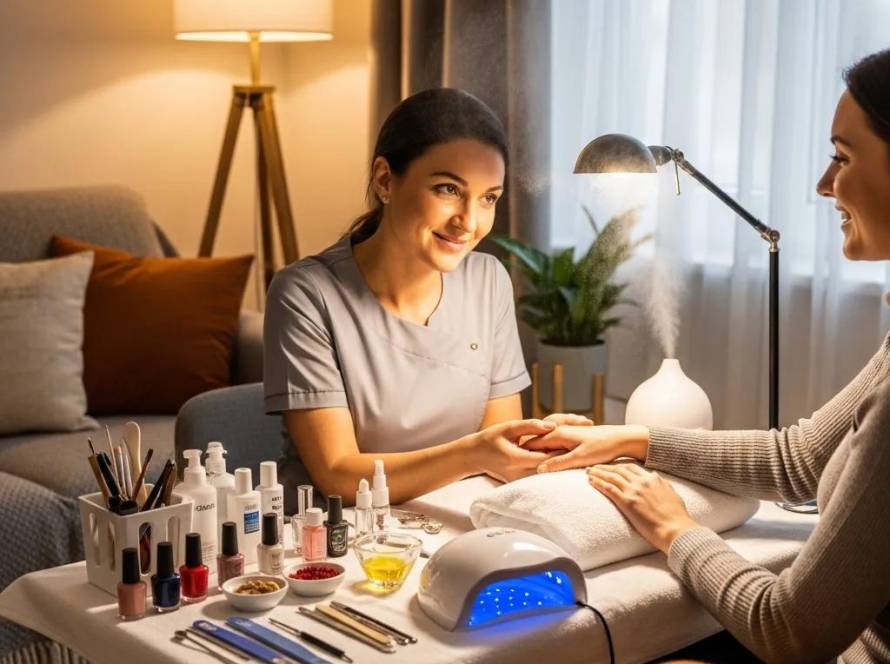 Mobile beauty therapist providing manicure in cozy home environment, featuring nail care products, UV lamp, and client interaction.