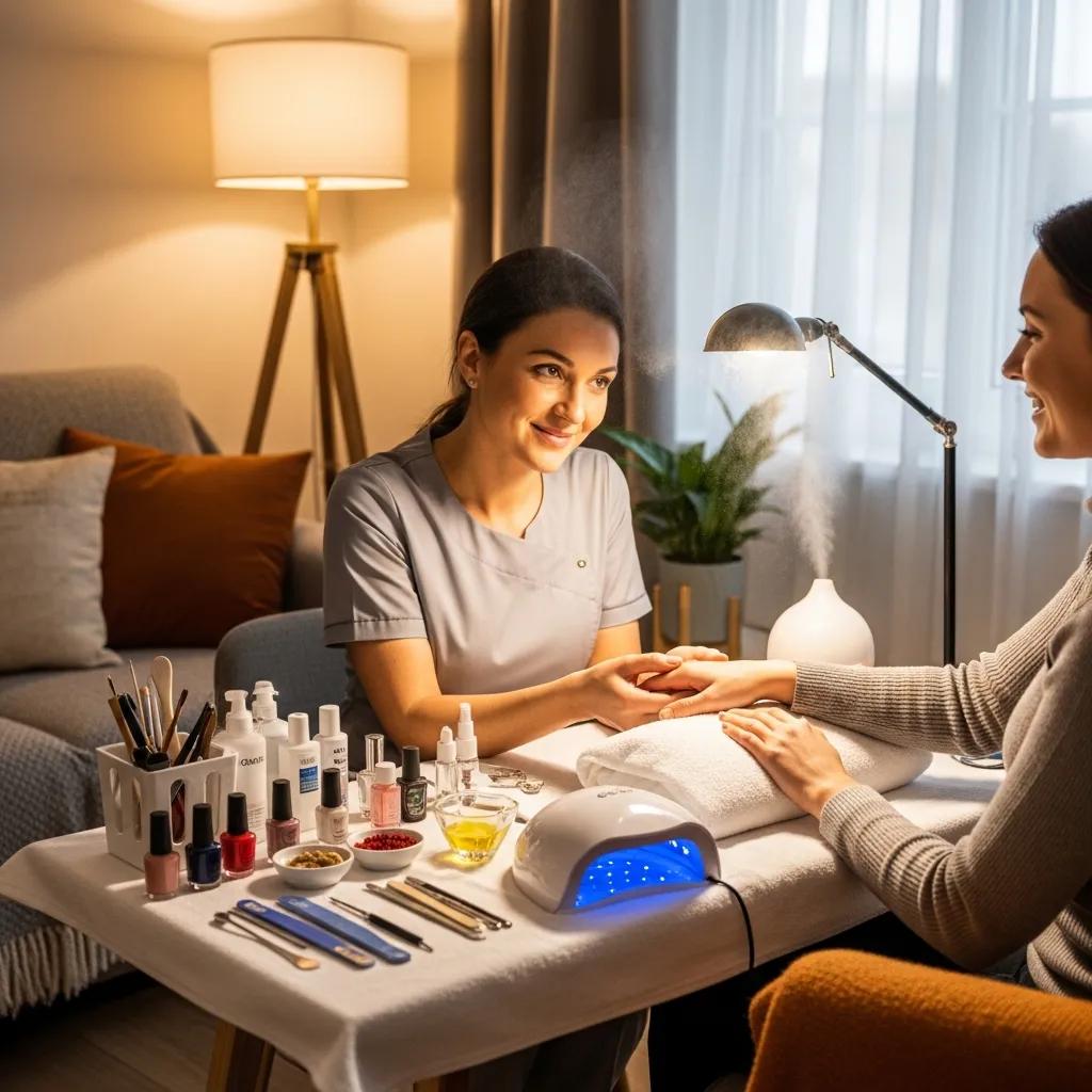 Mobile beauty therapist providing a manicure in a cozy home setting, featuring nail care products and tools, emphasizing in-home beauty services in Sydney.