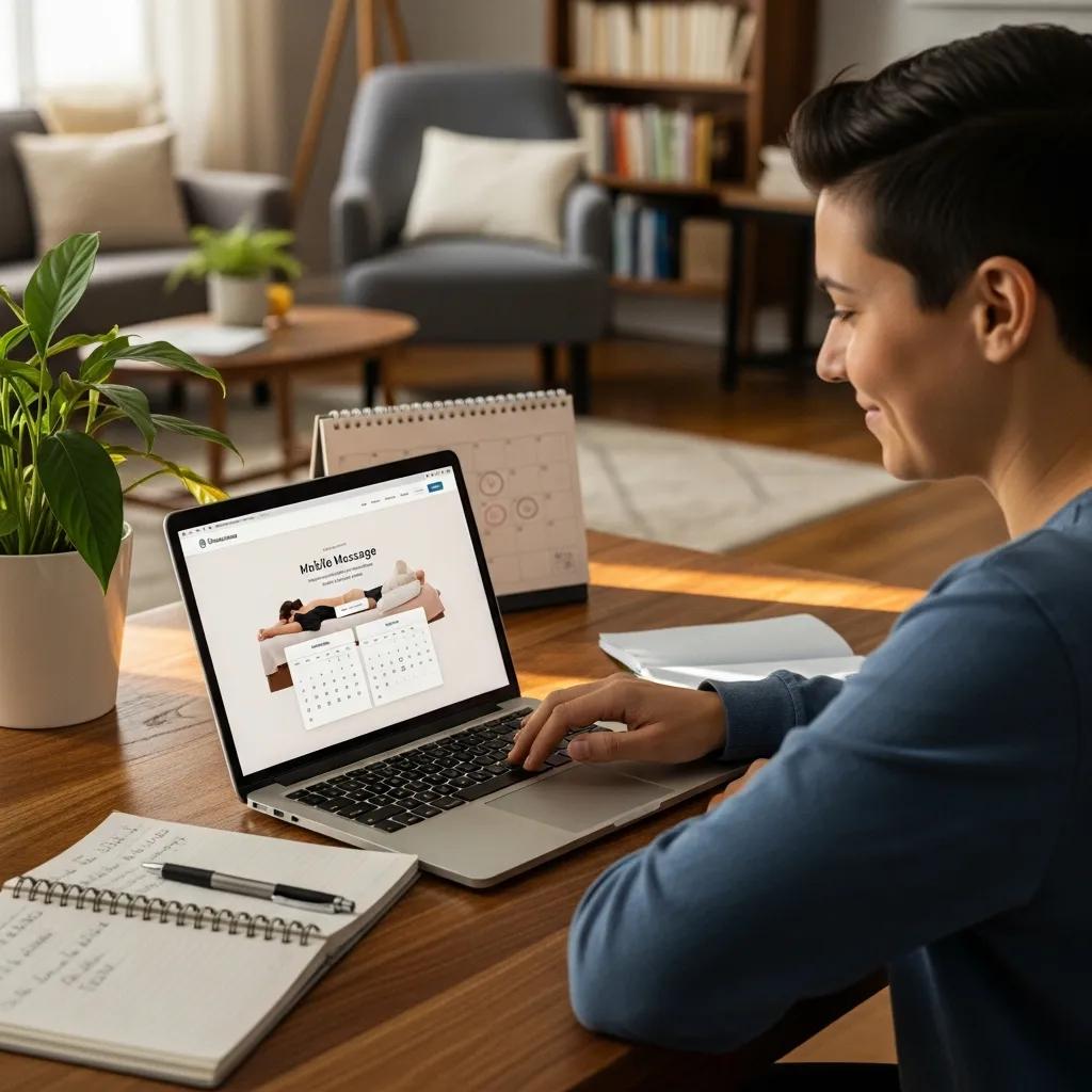Client booking a mobile massage session using a phone in a cozy home office