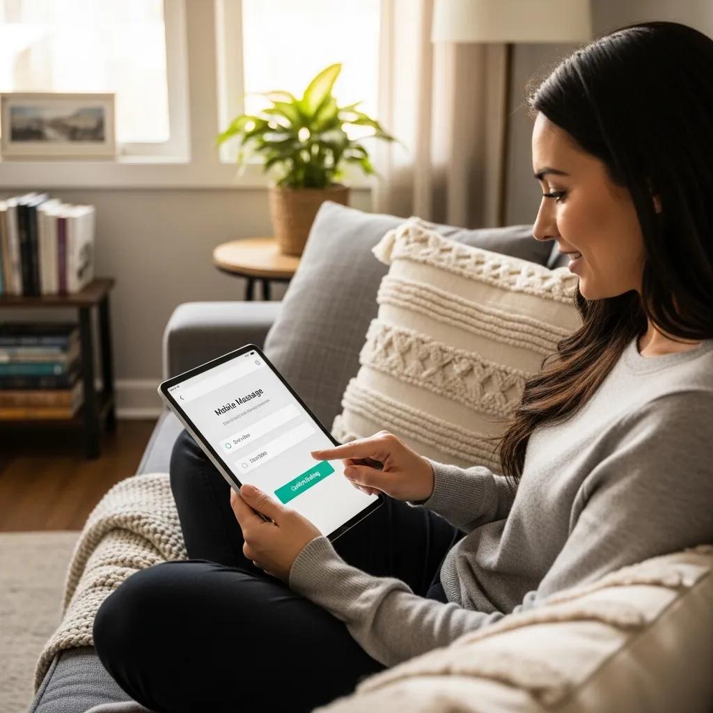 Client booking a mobile remedial massage appointment using a smartphone in a comfortable home setting