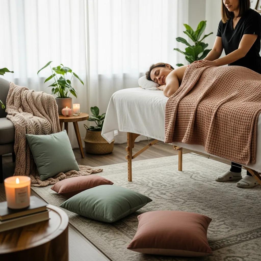 Client experiencing the benefits of in-home massage therapy, emphasizing comfort and relaxation