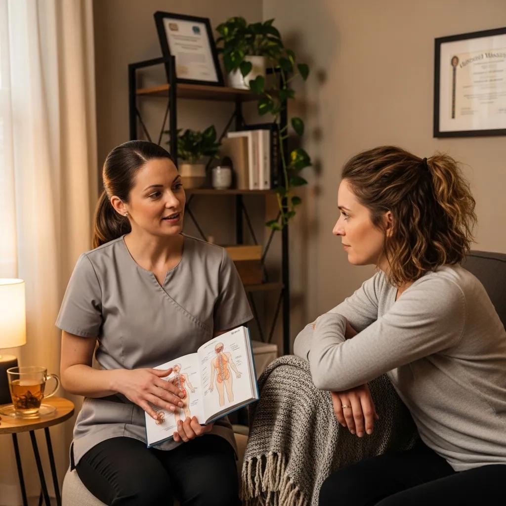 Consultation between a new mother and a licensed massage therapist in a comfortable home setting