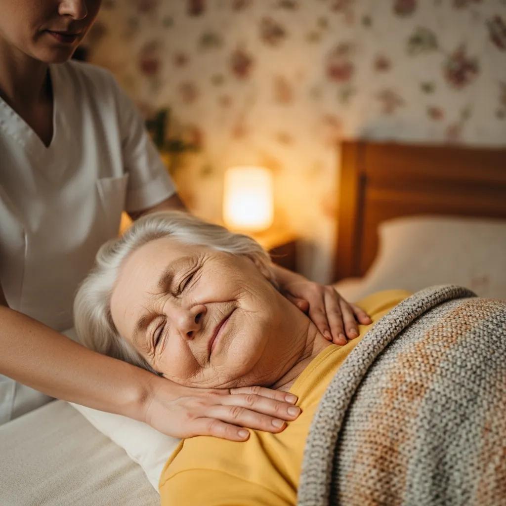 Elderly person enjoying a mobile massage at home, showcasing relaxation and therapeutic benefits