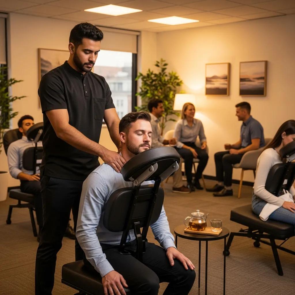 Employees experiencing the benefits of mobile massage for stress relief and wellness