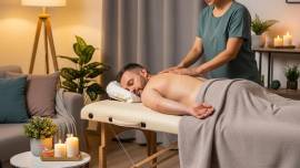 In-home massage therapy session for individuals with disabilities, highlighting comfort and care