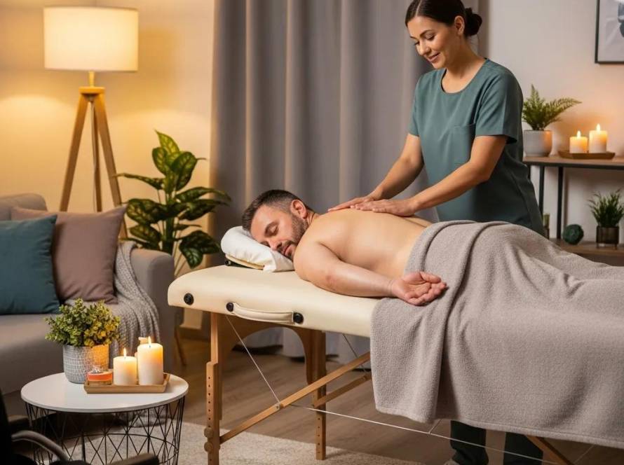 In-home massage therapy session for individuals with disabilities, highlighting comfort and care