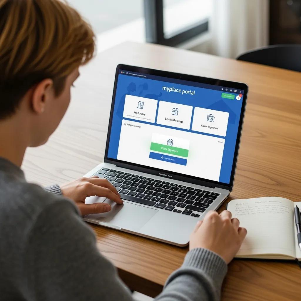Individual using a laptop to access the myplace portal for NDIS funding claims