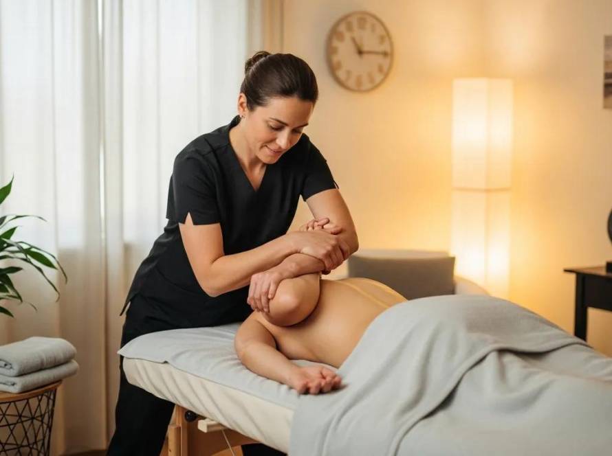 Mobile massage therapist providing deep tissue therapy in a cozy home setting, emphasizing relaxation and expert care.