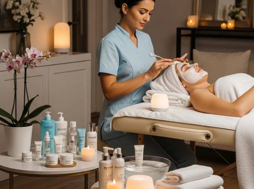 Mobile facial treatment in a cozy home environment with a therapist applying a mask