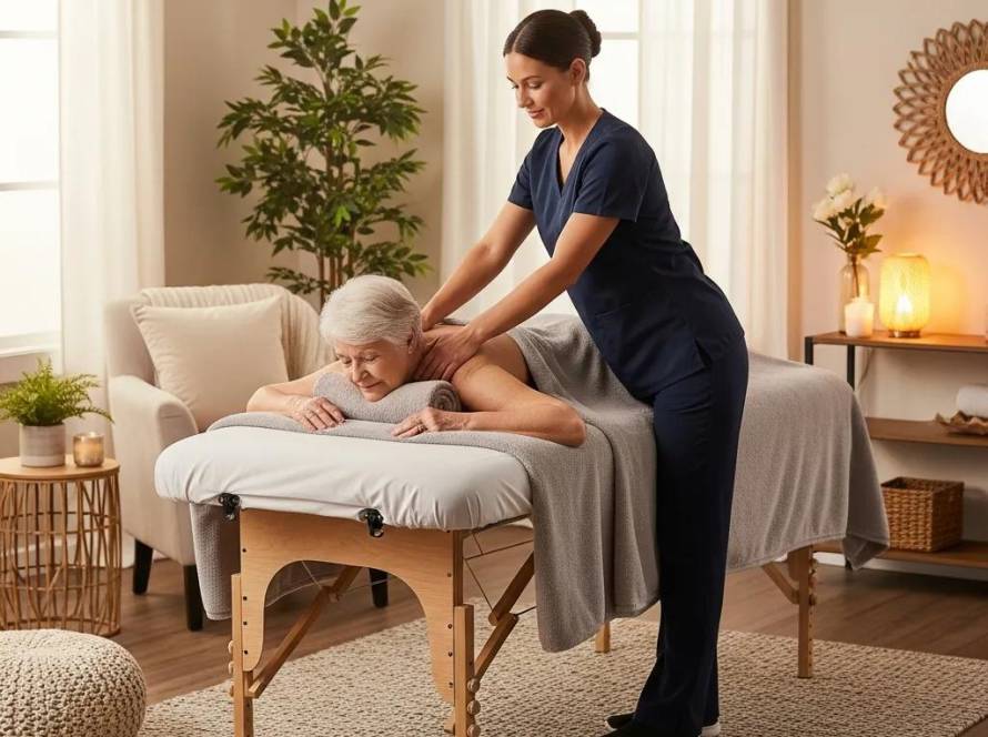 Mobile massage setup for seniors in a cozy living room, emphasizing relaxation and care