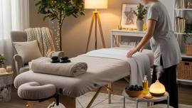 Mobile massage setup in a cozy living room, highlighting relaxation and comfort for NDIS participants