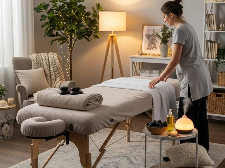 Mobile massage setup in a cozy living room, highlighting relaxation and comfort for NDIS participants