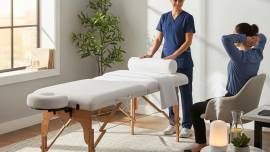 Mobile massage setup in an office promoting employee wellness and relaxation