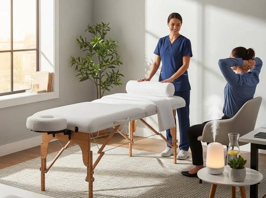 Mobile massage setup in an office promoting employee wellness and relaxation