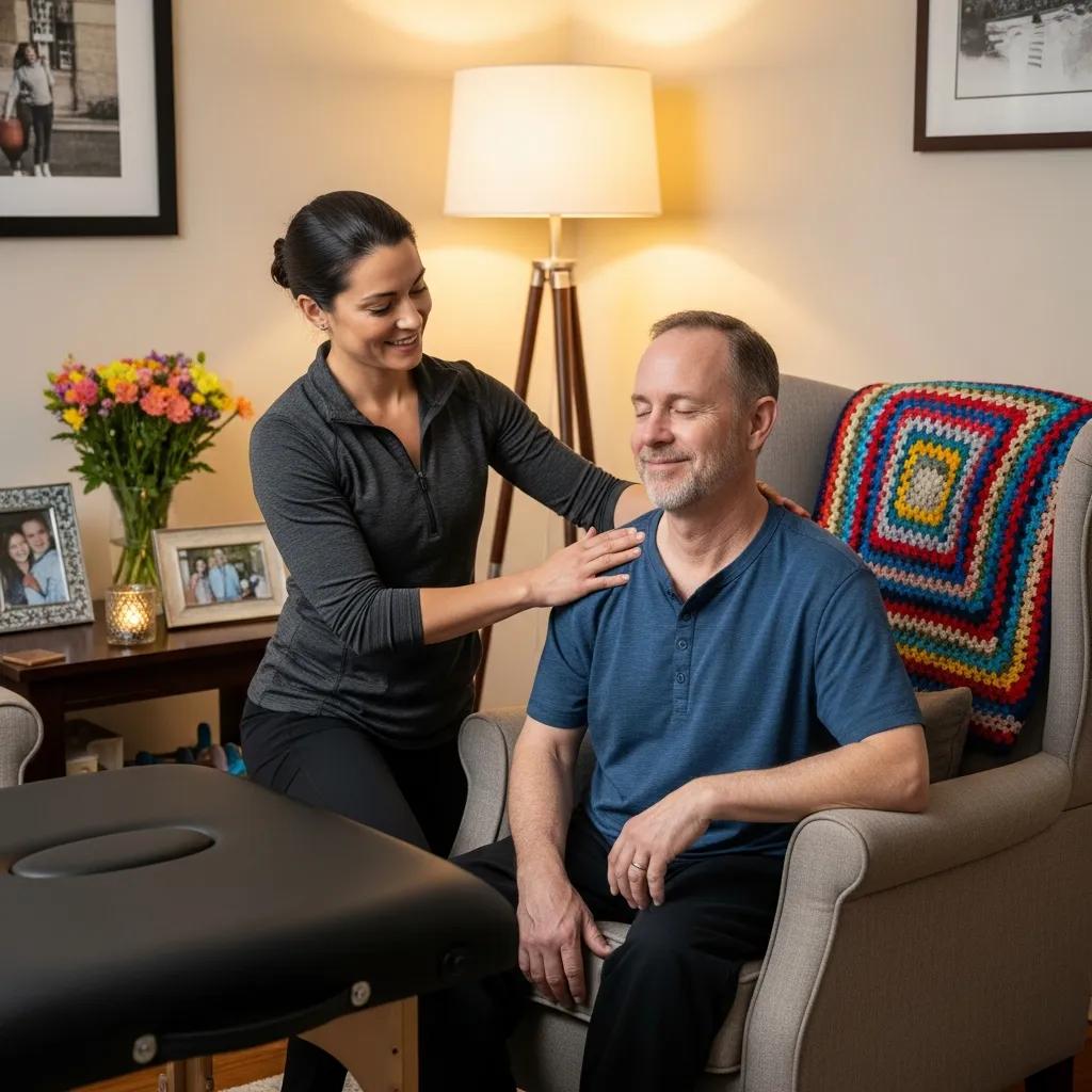 Mobile massage therapist demonstrating techniques to a client in a comfortable home environment