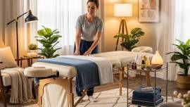 Mobile massage therapist preparing a cozy home setting for a therapeutic session