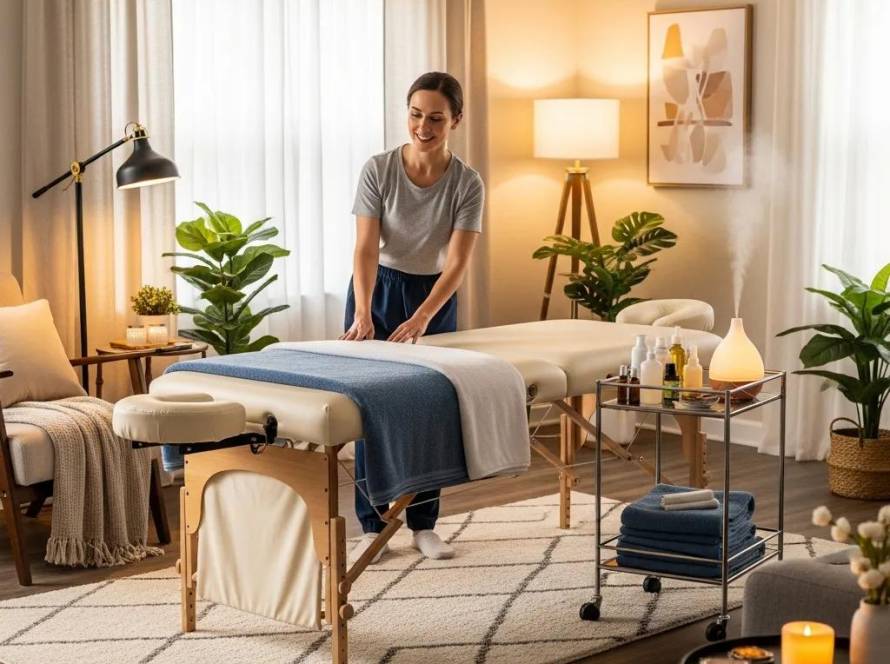Mobile massage therapist preparing a cozy home setting for a therapeutic session