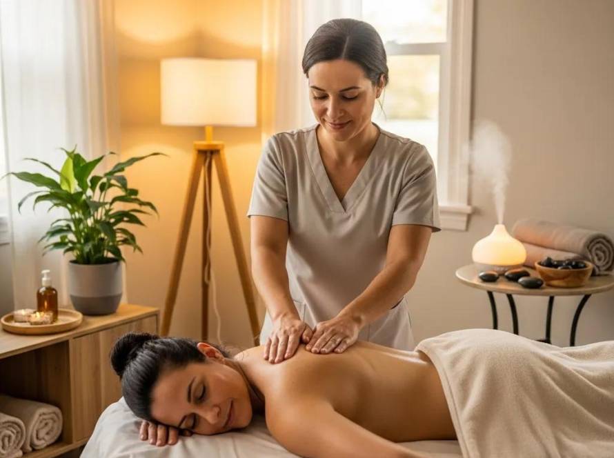 Mobile massage therapy session in a cozy home setting, showcasing a therapist and a relaxed client