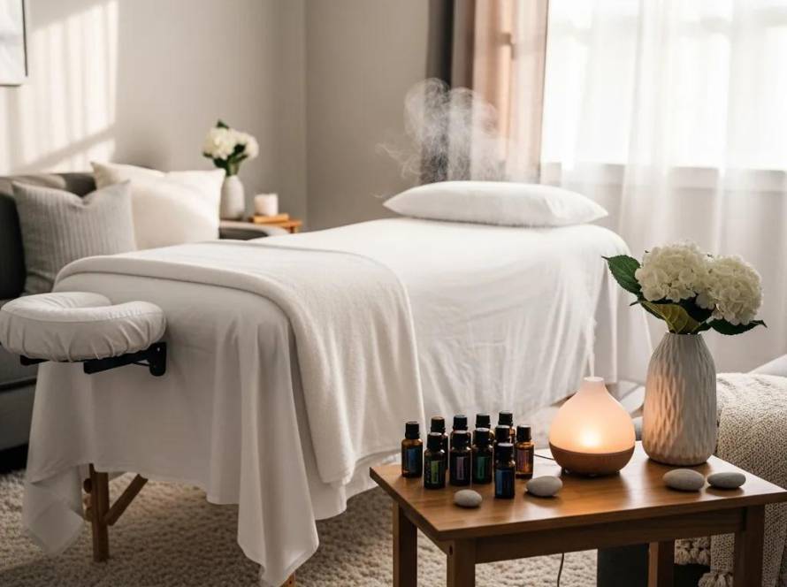 Mobile postnatal massage setup in a cozy living room with a portable table and calming decor