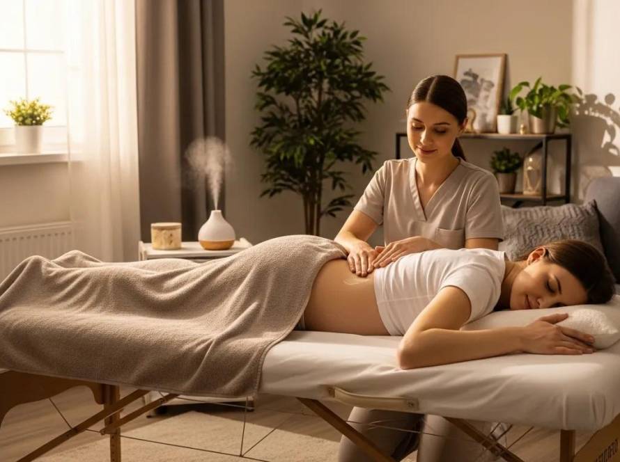 Pregnant woman enjoying a mobile pregnancy massage in a tranquil home environment