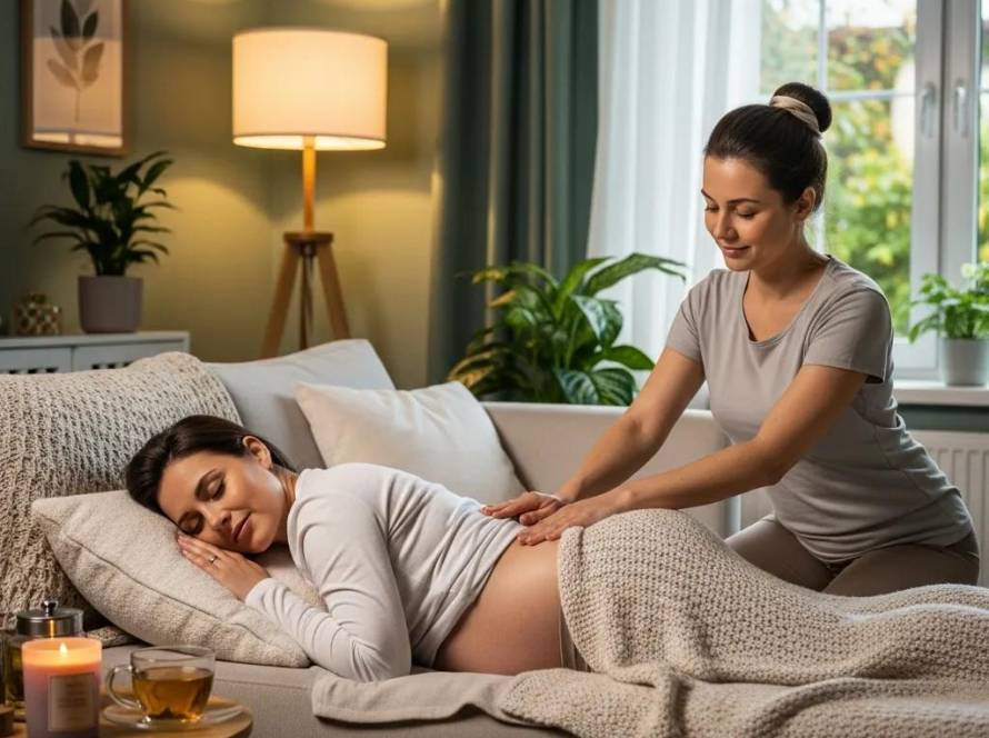 Pregnant woman enjoying a prenatal massage in a cozy home environment