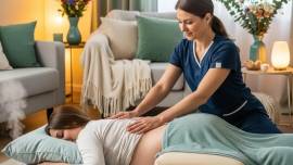 Pregnant woman receiving a soothing massage in a cozy home environment