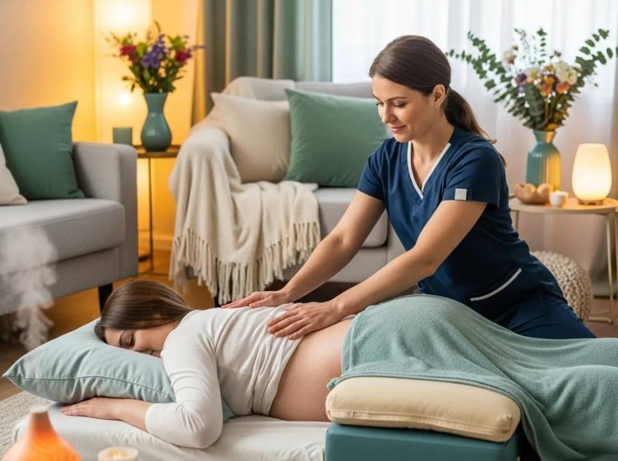 Pregnant woman receiving a soothing massage in a cozy home environment