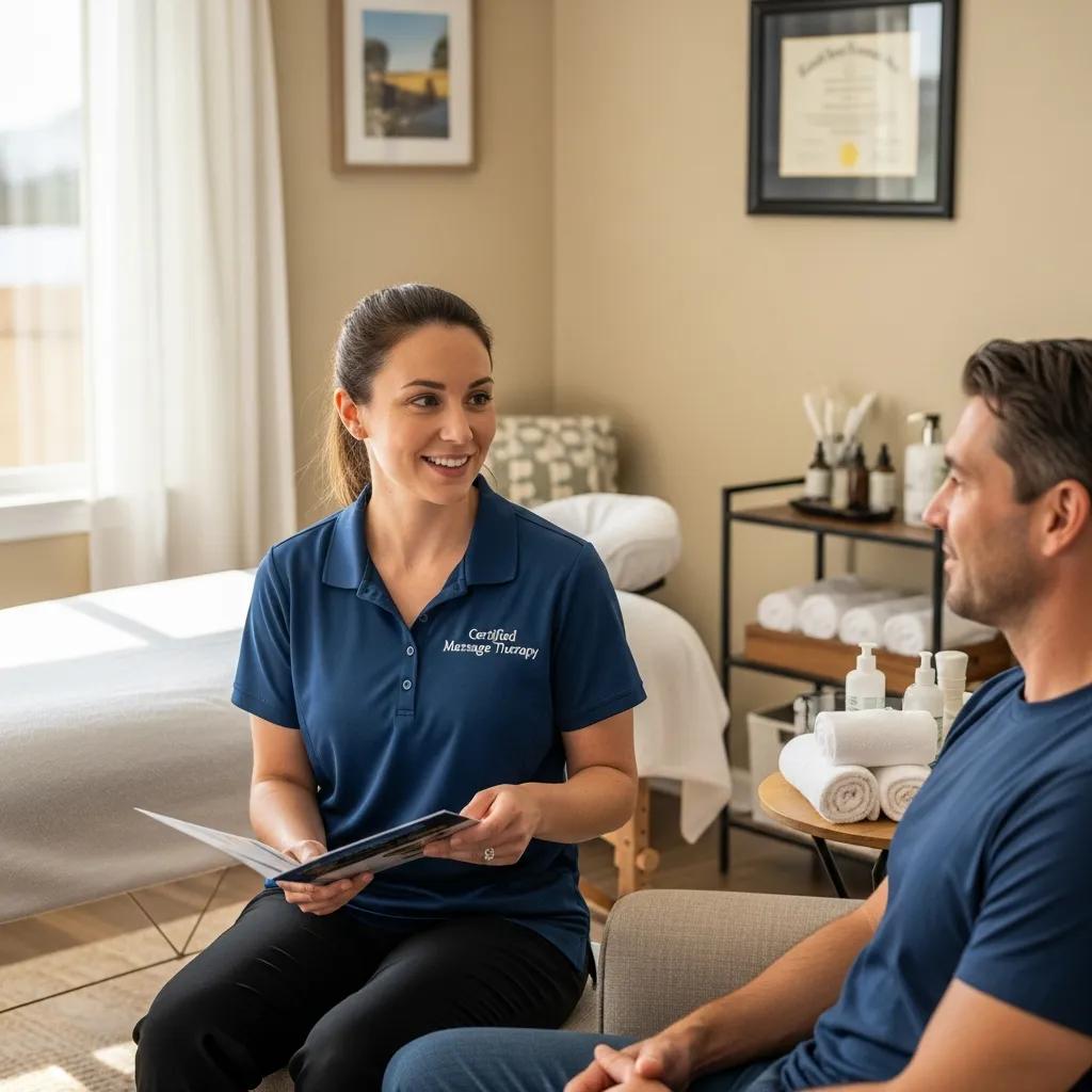 Qualified massage therapist consulting with a client in a home environment, highlighting professionalism and care
