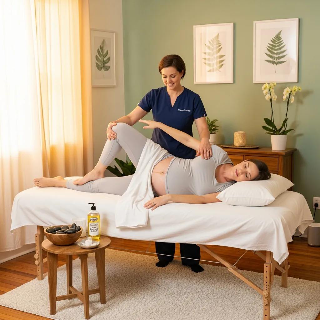 Therapist demonstrating prenatal massage techniques on a pregnant woman