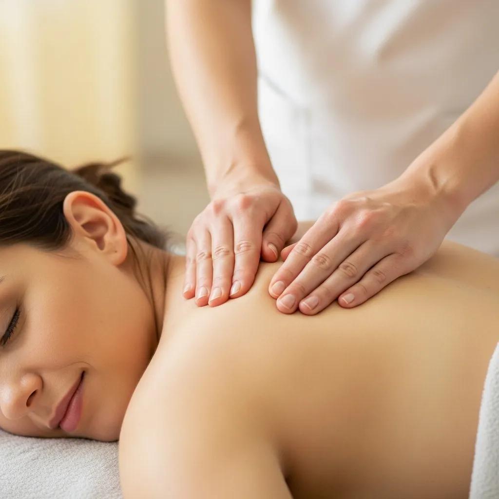 Therapist performing a soothing back massage on a new mother, highlighting the benefits of postnatal therapy