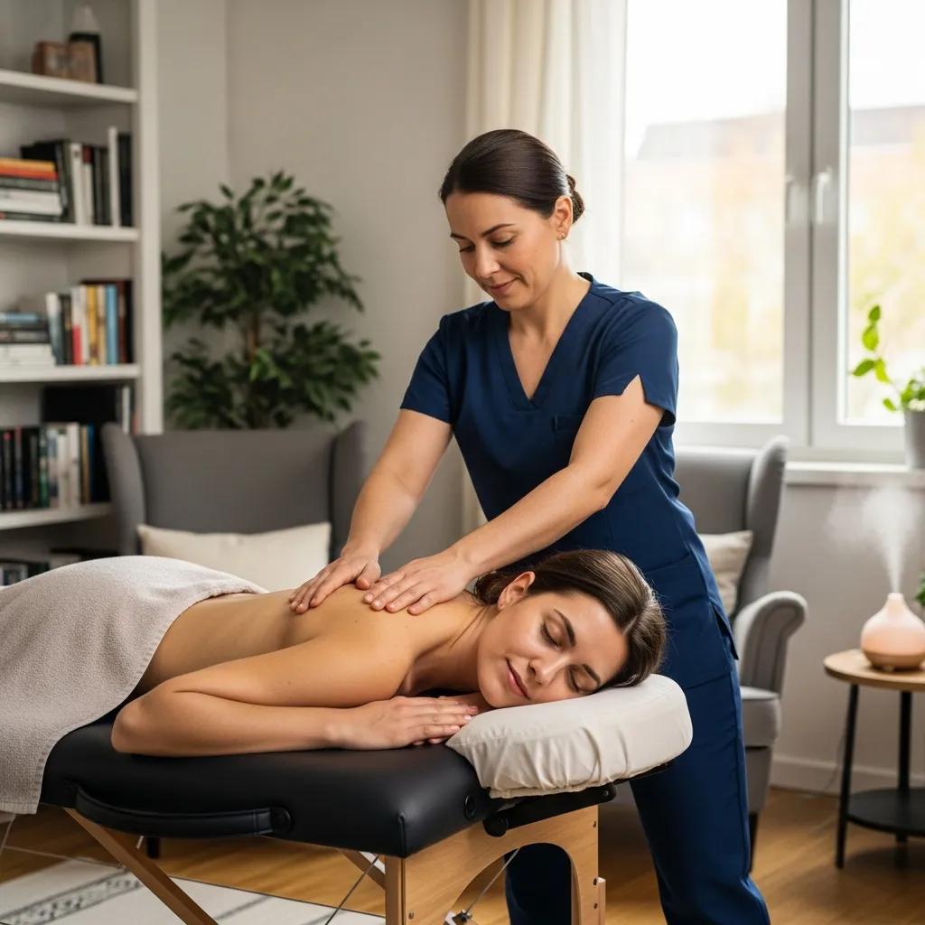 Therapist providing personalized mobile massage in a home setting, emphasizing comfort and care