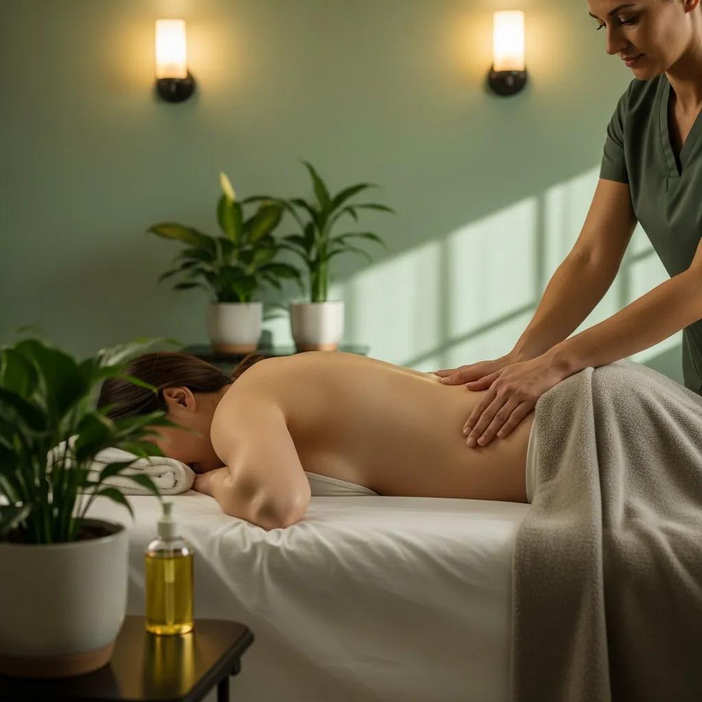 Therapist providing prenatal massage to a pregnant woman, emphasizing relaxation and comfort