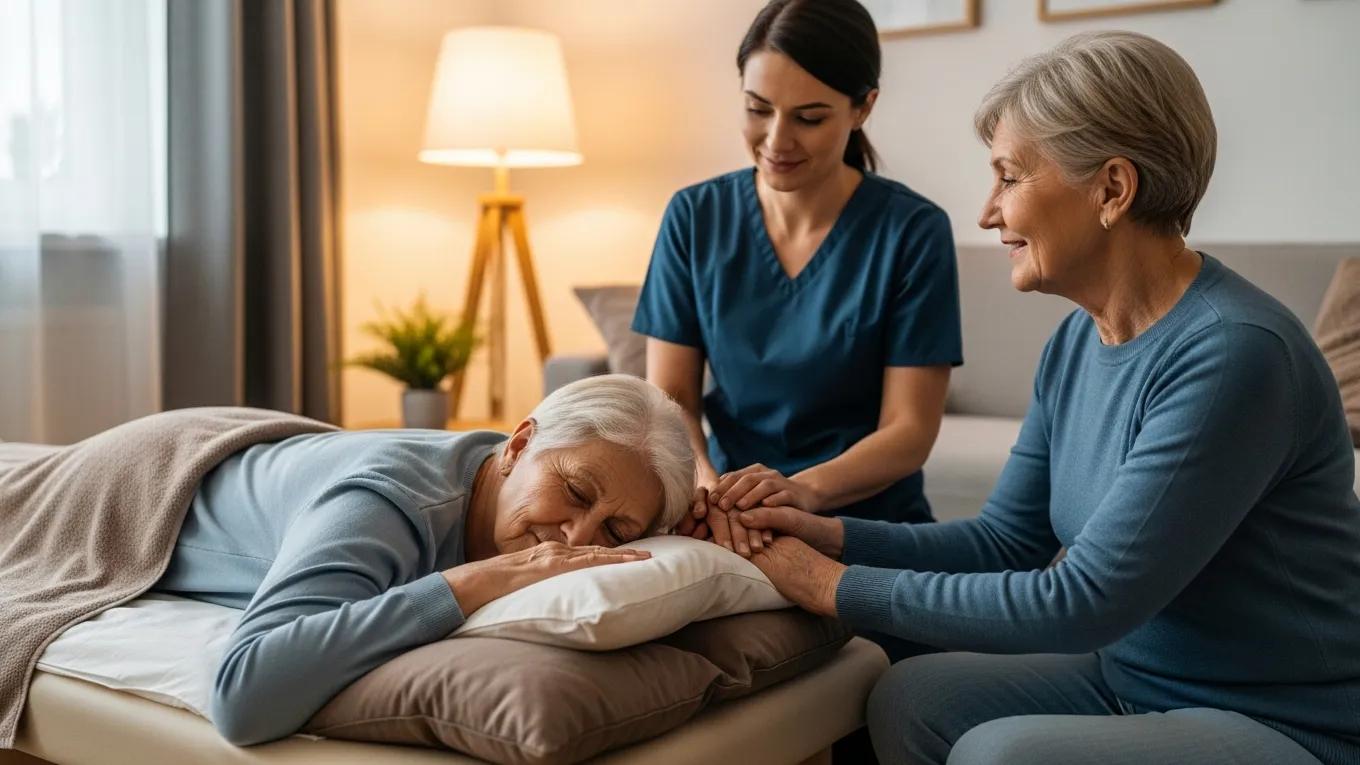 Elderly couple receiving in-home massage therapy, illustrating the benefits of relaxation and companionship