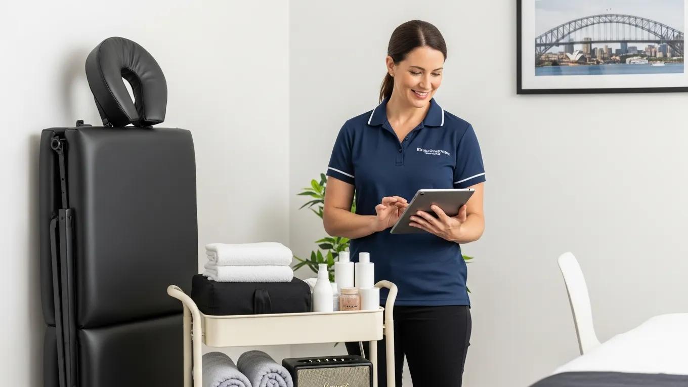 Mobile massage therapist preparing for a home visit, highlighting the process of accessing in-home massage services