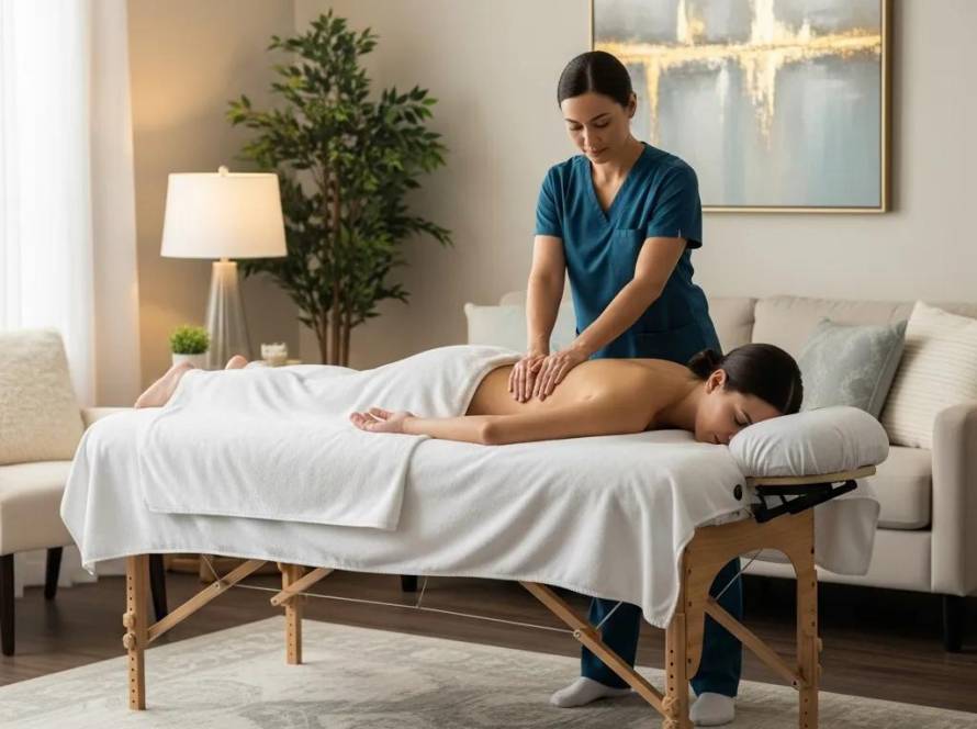 Mobile massage therapy session in a cozy home environment, therapist providing deep tissue massage to a client on a massage table, emphasizing relaxation and comfort.