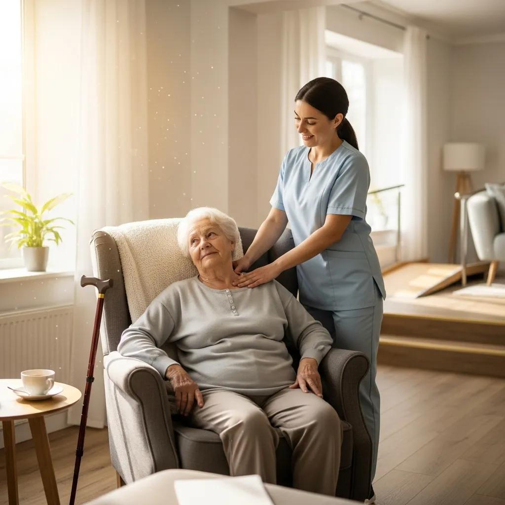 Therapist assisting elderly client with mobile massage therapy