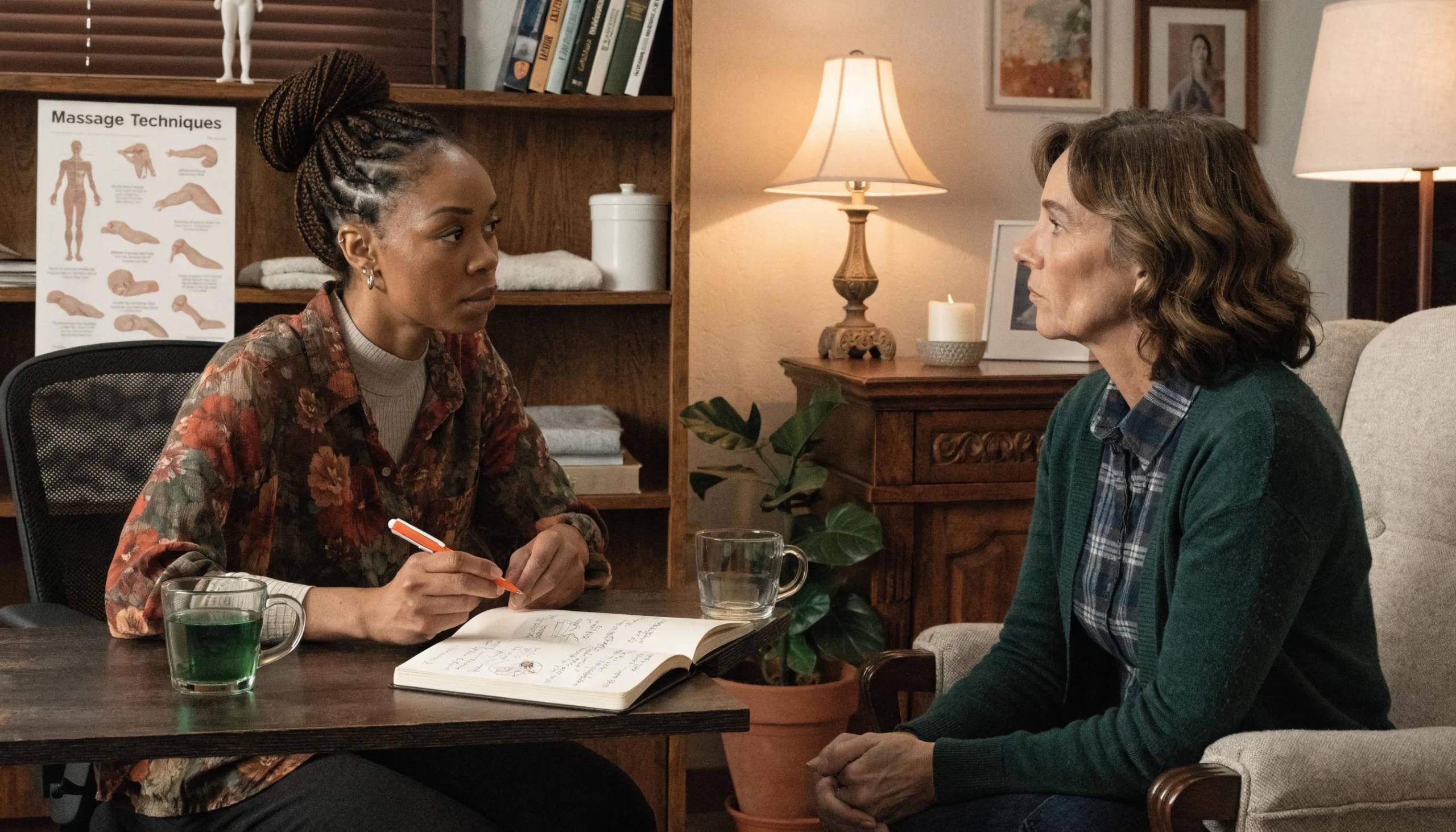 Therapist communicating with client about personalized massage options and techniques