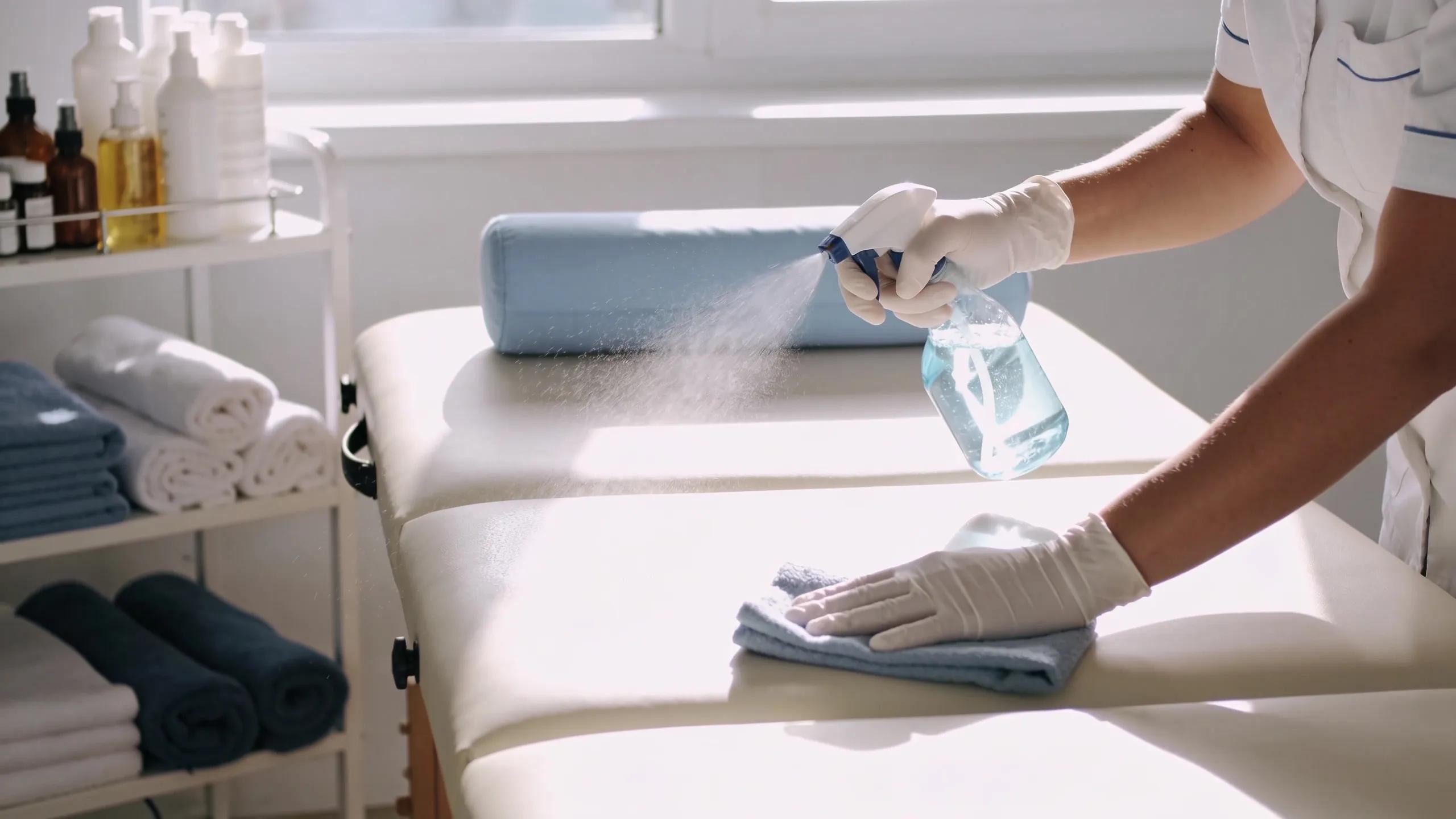 Therapist practicing strict hygiene protocols while sanitizing massage tools