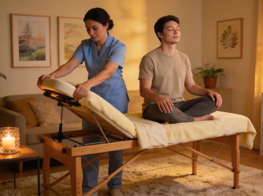 Mobile massage setup in a cozy living room, highlighting relaxation and wellness