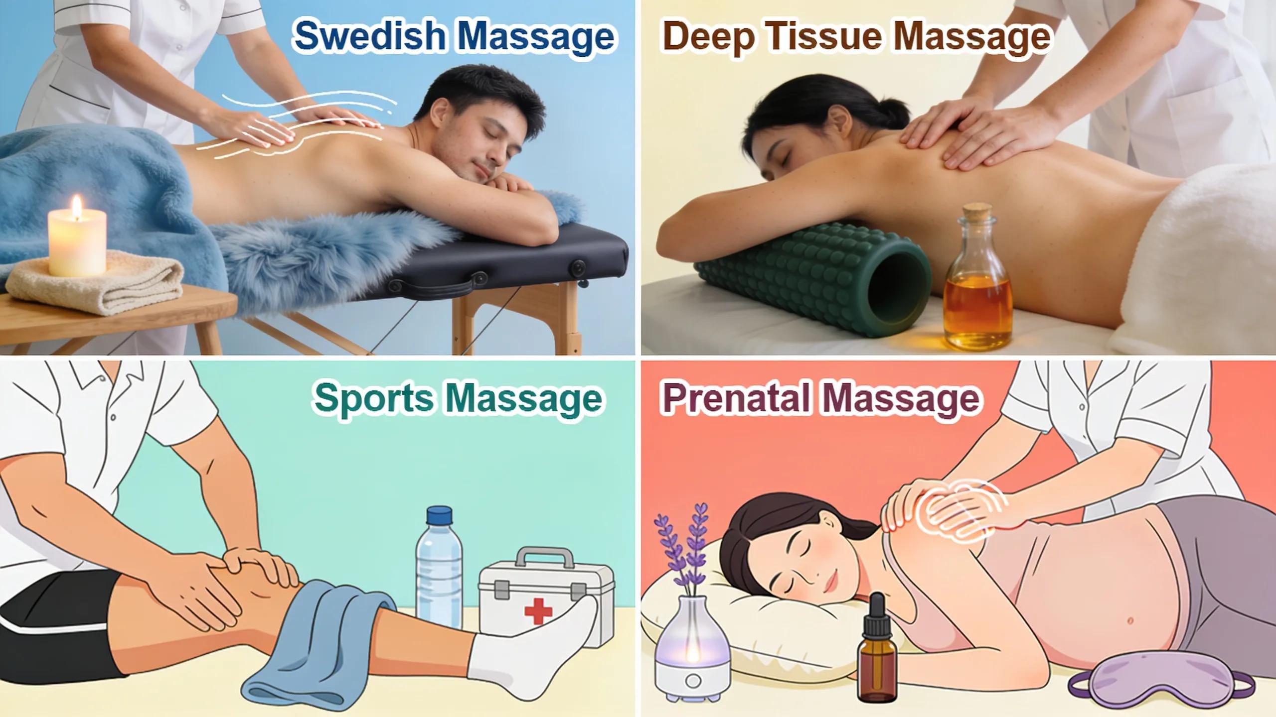 Collage of mobile massage types illustrating various techniques and benefits