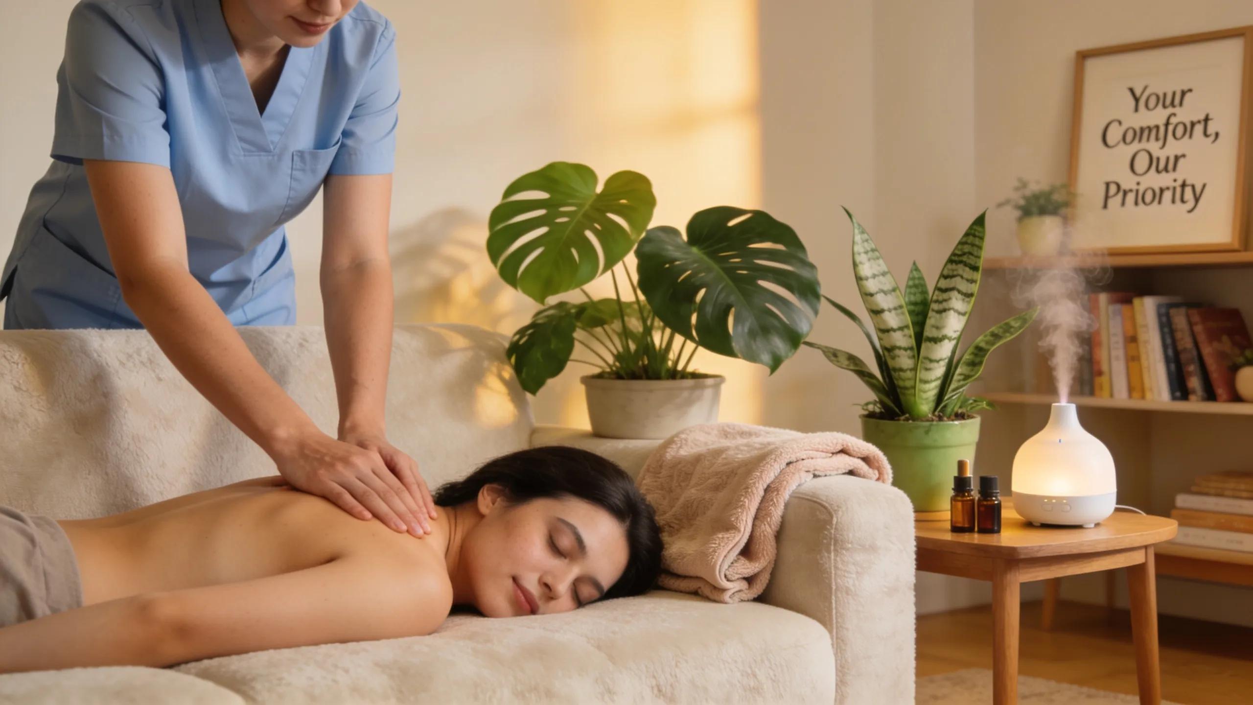 Therapist providing personalized massage in a client's home, emphasizing comfort and care