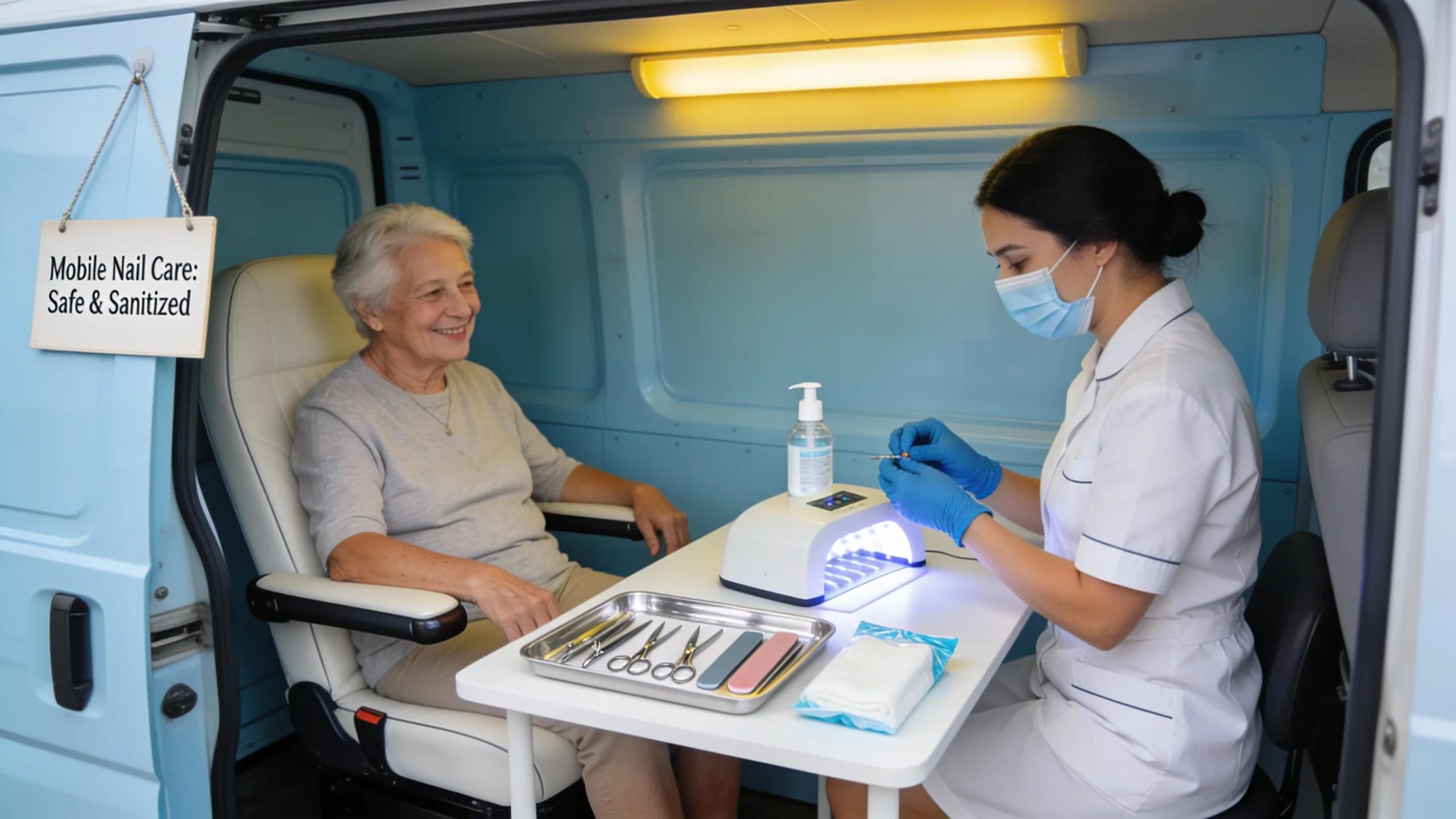 Mobile nail technician ensuring hygiene and safety with sterilized tools and protective gear