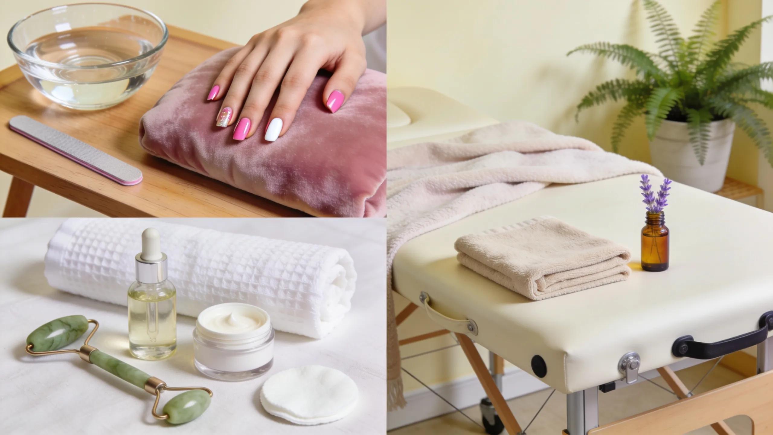 Array of mobile beauty therapy treatments including manicures, facials, and massages