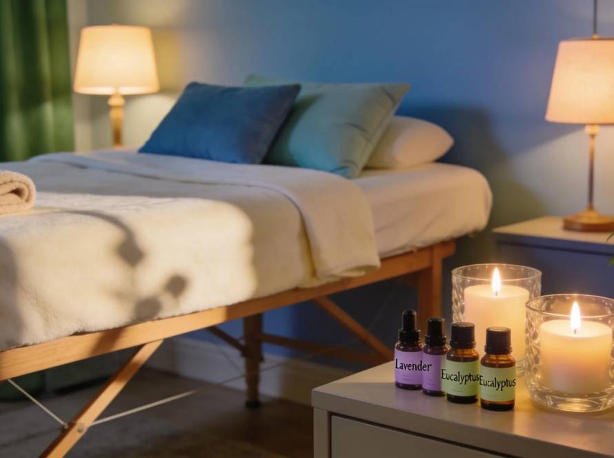 Mobile spa setup in a cozy home, highlighting relaxation and wellness tools