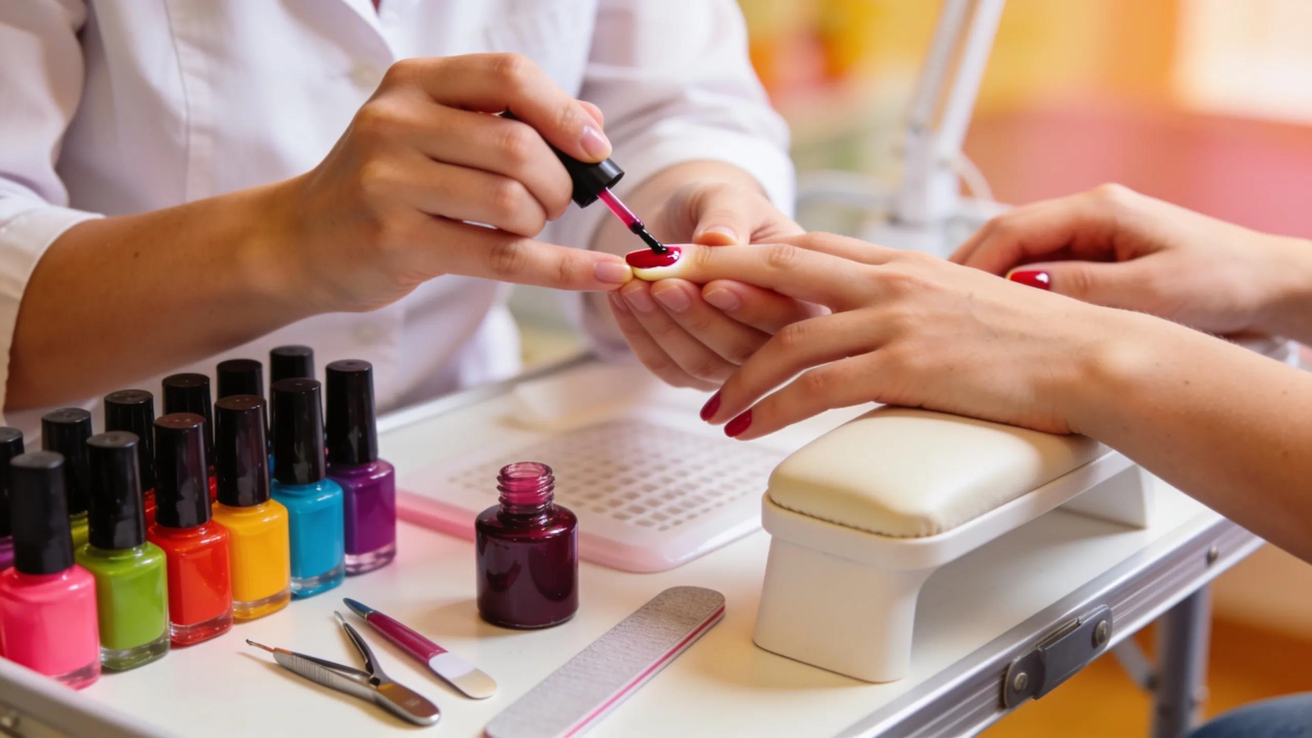 Mobile beauty therapist applying nail polish during a manicure session, showcasing colourful nail care options