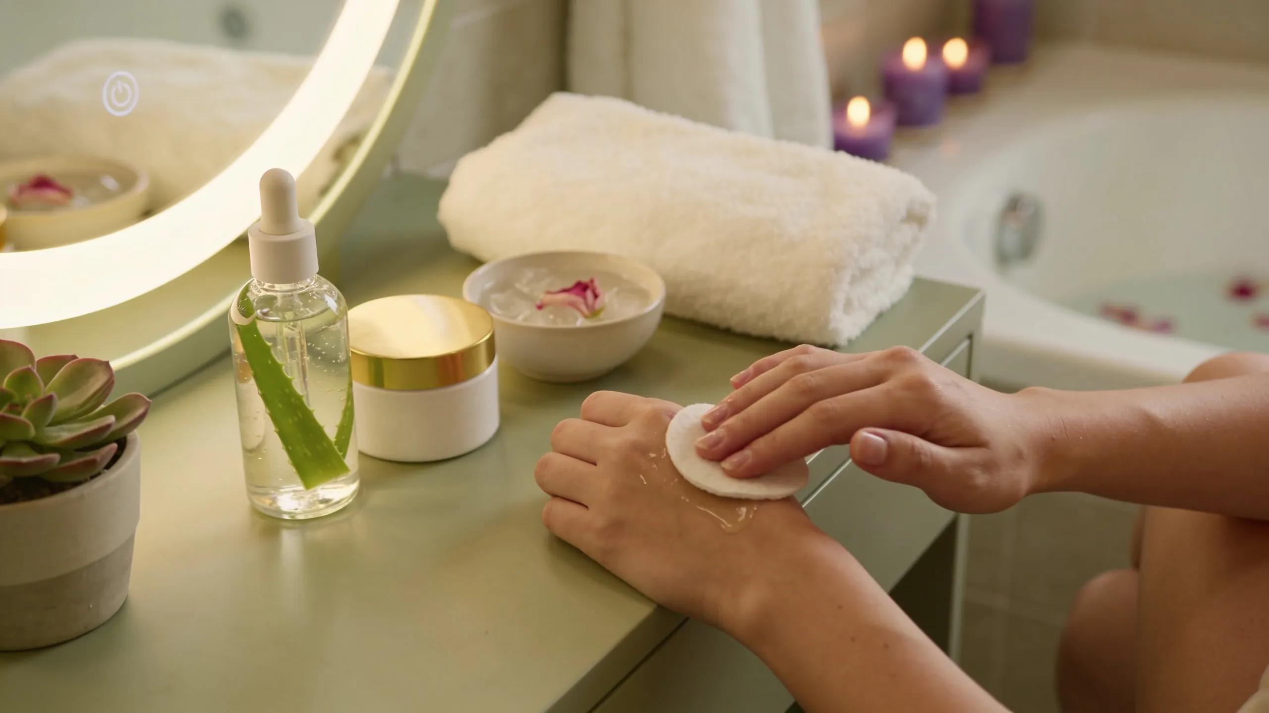 Person caring for skin with soothing products after mobile waxing service at home